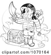Poster, Art Print Of Outlined Pirate With A Treasure Chest