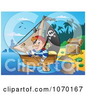 Poster, Art Print Of Pirate Rowing Away From A Beach With Treasure