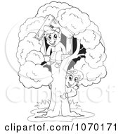 Clipart Outlined Children Playing At Their Tree House Royalty Free Vector Illustration by visekart