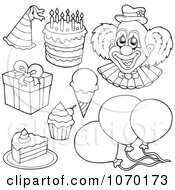 Clipart Outlined Clown And Birthday Items Royalty Free Vector Illustration