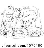 Poster, Art Print Of Outlined Deer And Fox
