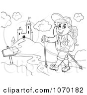 Clipart Outlined Hiker By A Castle Royalty Free Vector Illustration