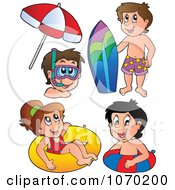 Poster, Art Print Of Swimming Children With A Snowboard Snorkel Gear And Inner Tubes