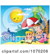 Poster, Art Print Of Clipart Dolphin Near Children Applying Sunblock On A Beach - Royalty Free Vector Illustration