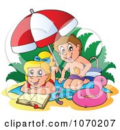 Clipart Boy Applying Sun Block On A Girl At The Beach Royalty Free Vector Illustration by visekart