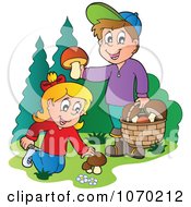 Poster, Art Print Of Two Kids Picking Mushrooms