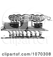 Clipart Woodcut Styled Line Of People Walking Near A Factory Royalty Free Vector Illustration