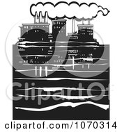 Clipart Woodcut Styled Waterfront Factory Royalty Free Vector Illustration