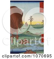 Two Horses Grazing In A Landscape With A Stream In Kogane Fields In Shimosa Province Mt Fuji In The Distance Royatly Free Historical Stock Illustration