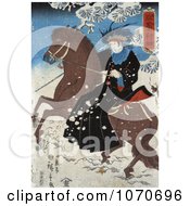 Japanese Person Riding Sidesaddle On A Brown Horse Through The Snow
