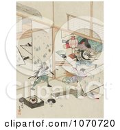Royalty Free Historical Illustration Of Two Samurai Men Wrecking The Interior Of A House During A Sword Fight