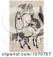Royalty Free Historical Illustration Of Two Horses Near A Willow Tree by JVPD