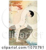 Royalty Free Historical Illustration Of Autumn Maple Leaves Around A Nude Asian Woman Bathing Her Feet Over A Stream While Leaning On A Rock by JVPD