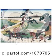 Poster, Art Print Of Three People On Horseback Galloping Along The Sumida River With Mount Fuji In The Distance