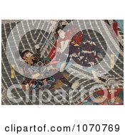 Royalty Free Historical Illustration Of Two Japanese Samurai Men Sword Fighting On A Roof by JVPD