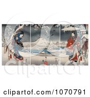 Poster, Art Print Of Geisha Woman In A Gown And A Man Holding An Umbrella In A Snowy Landscape
