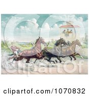 Illustration Of Judges In A Tower Watching A Close Race Between Four Horse Harness Racing Jockeys Royalty Free Historical Clip Art by JVPD #COLLC1070832-0002