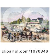 Poster, Art Print Of Busy Street Scene Of Horses And Carriages On A Road Near A Building
