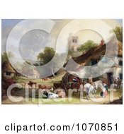 Poster, Art Print Of Cattle Horses People And Carriages At The Swan Inn Of A Village With A Castle In The Background
