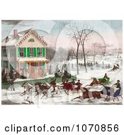 Poster, Art Print Of Four Horse Drawn Sleighs Racing Down A Street In Front Of A Home While People Watch Or Ice Skate In The Background