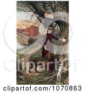 Poster, Art Print Of A Woman In Horseback Riding Clothes Putting A Note In A Tree Her Dogs Beside Her And Horse And Mill In The Background