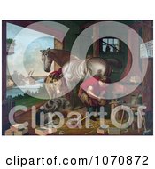 Illustration Of A Donkey And A Dog Watching A Farrier Applying Horseshoes To A Horse Royalty Free Historical Clip Art by JVPD #COLLC1070872-0002