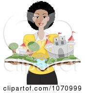 Poster, Art Print Of Happy Black Female Teacher Holding A Pop Up Story Book With A Castle