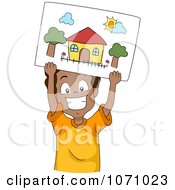 Poster, Art Print Of Happy Boy Holding Up A Drawing Of A House
