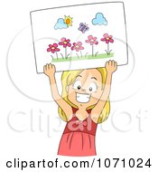 Poster, Art Print Of Happy Girl Holding Up A Drawing Of A Butterfly And Flowers