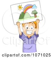 Poster, Art Print Of Happy Boy Holding Up A Drawing Of A Rainbow