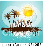 People Dancing By Palm Trees Under A Shiny Sun On Blue Grunge