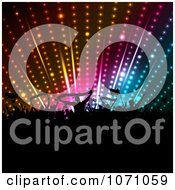 Clipart Silhouetted Fan Crowd Holding Banners And Flags Under Disco Lights Royalty Free Vector Illustration