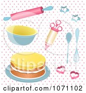 Poster, Art Print Of 3d Baking Utensils And A Cake On Pink Polka Dots