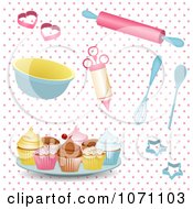 Poster, Art Print Of 3d Baking Utensils And Cupcakes On Pink Polka Dots