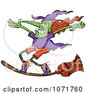 Clipart Halloween Witch Standing Up On Her Flying Broom Royalty Free Vector Illustration by Zooco