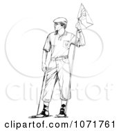 Poster, Art Print Of Black And White Sketched Retro Male Golfer Holding A Flag