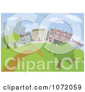 Clipart Path Leading Through A City Park With Buildings In The Background Royalty Free Vector Illustration
