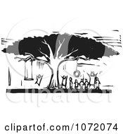 Black And White Woodcut Of Children Playing On Tree Swings