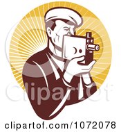 Clipart Vintage Camera Man Holding A Camera Over Orange Rays Royalty Free Vector Illustration