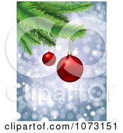 Poster, Art Print Of 3d Red Baubles On Christmas Tree Branches Over Bokeh Lights