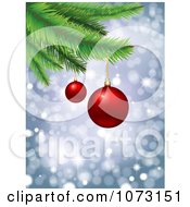 Clipart 3d Red Baubles On Christmas Tree Branches Over Bokeh Lights Royalty Free Vector Illustration