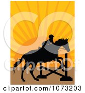 Poster, Art Print Of Silhouetted Equestrian And Horse Leaping A Hurdle At Sunset