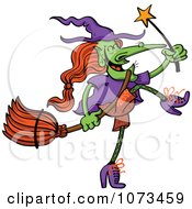 Clipart Wicked Halloween Witch Dancing With A Wand And Broom Royalty Free Vector Illustration