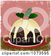 Poster, Art Print Of Christmas Pudding Topped With Brandy Cream Sauce And Holly Over Pink Grunge