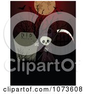 Poster, Art Print Of Halloween Grim Reaper And Tombstone Under A Full Moon And Bats