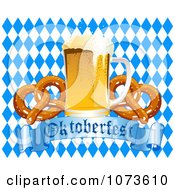 Poster, Art Print Of Pint Of Beer And Soft Pretzels Over An Oktoberfest Banner And Diamond Background