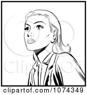 Clipart Black And White Retro Pop Art Woman Looking Up Royalty Free Vector Illustration