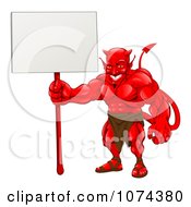 Poster, Art Print Of Muscular Devil Holding A Blank Sign
