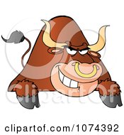 Clipart Tough Brown Bull Grinning Over A Blank Sign 1 Royalty Free Vector Illustration
