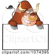 Clipart Tough Brown Bull Grinning Over A Blank Sign 2 Royalty Free Vector Illustration